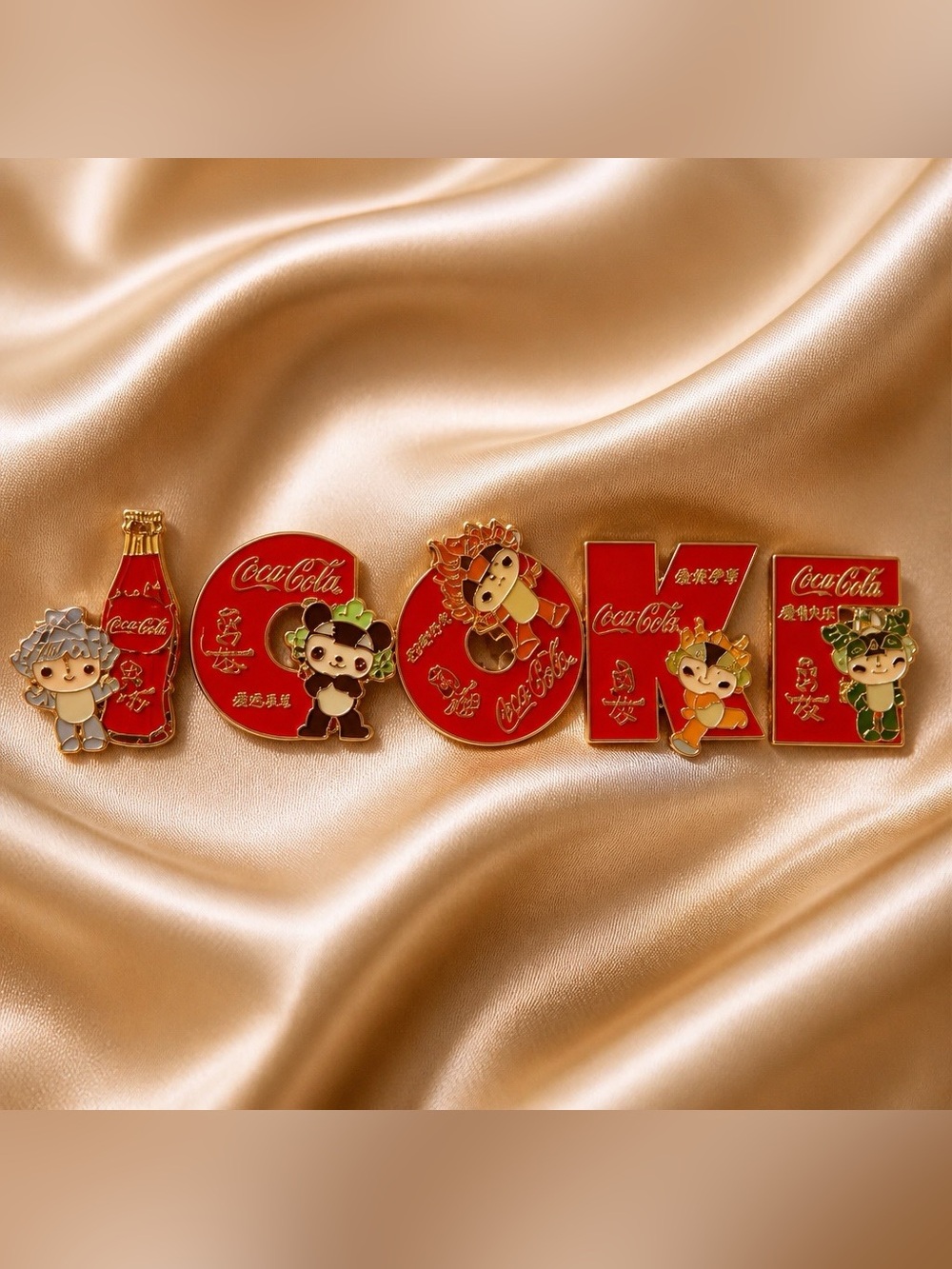 Coca Cola Red and Gold Enamel Brooch Pin Set from Beijing 2008 Olympics